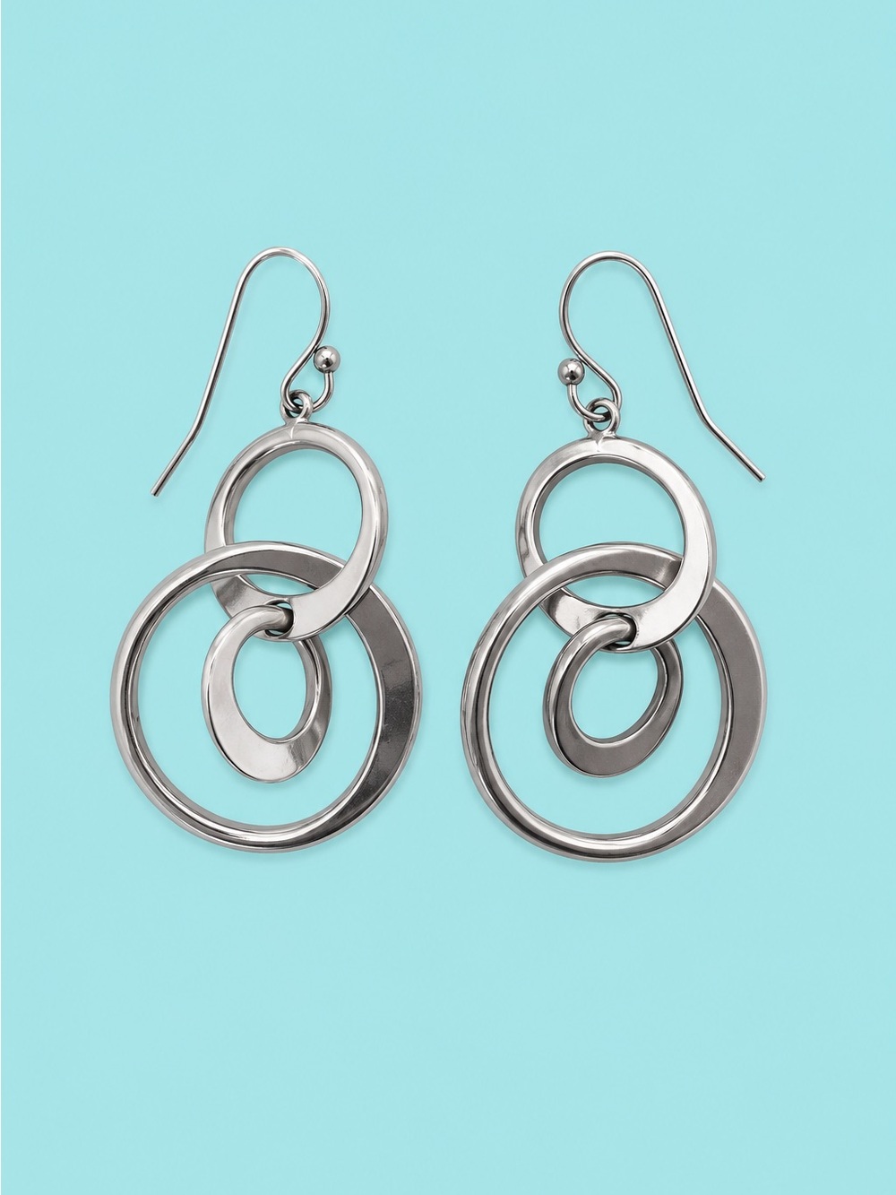 Silver Tone Interlocking Circle Dangle Earrings Modern Geometric